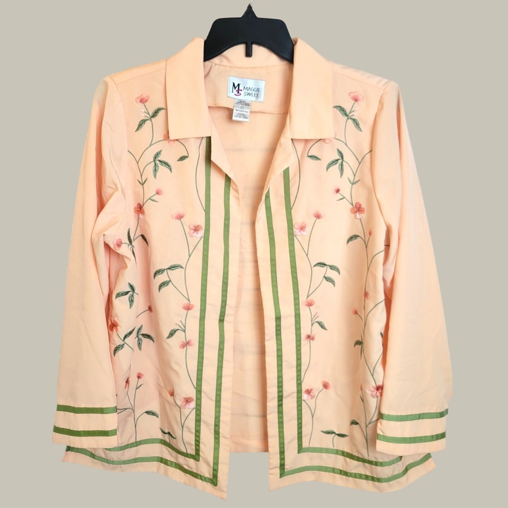 Maggie Sweet Jacket Floral Embroidered Cottagecore Grandma Peach Petite Large